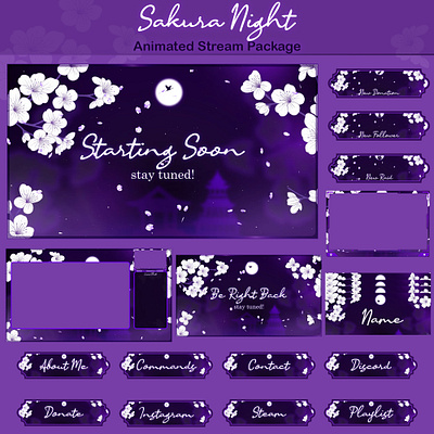 Sakura Night Animated Stream Package: For Twitch Overlay kick animated pack stream animated screens banner kick overlay kick screens kick stream animated overlay pack stream overlay stinger transition