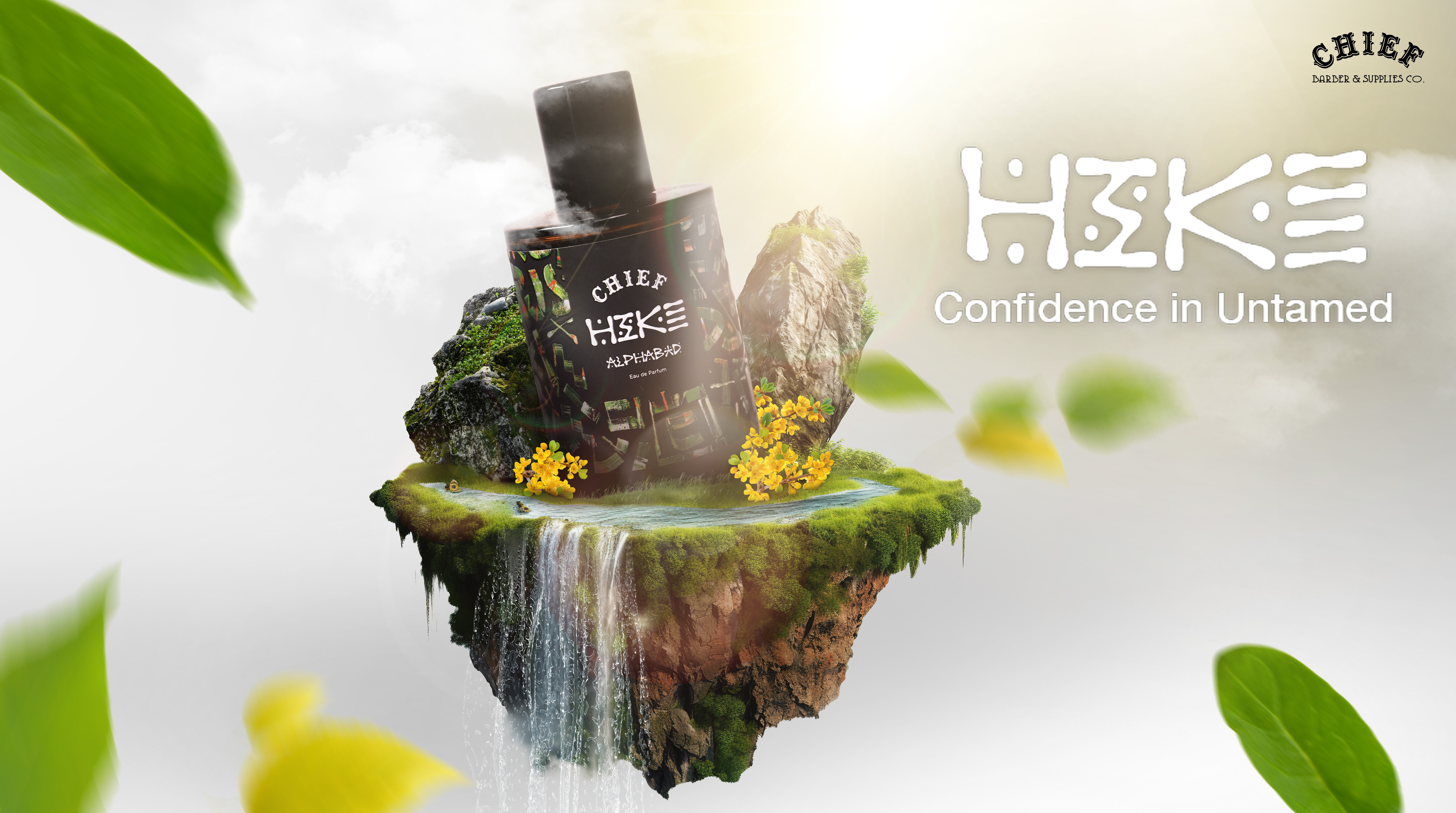 Chief Barbershop Product (Alphabad Eau de Parfum) advertisinig branding design thinking digital artwork digital imaging digital product floating island man nature photo editing photo retouching product design product retouching product sku skincare