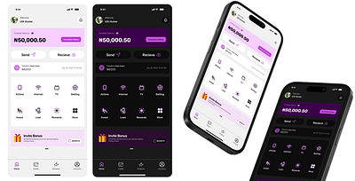 Fintech app home screen in light and dark mode ui