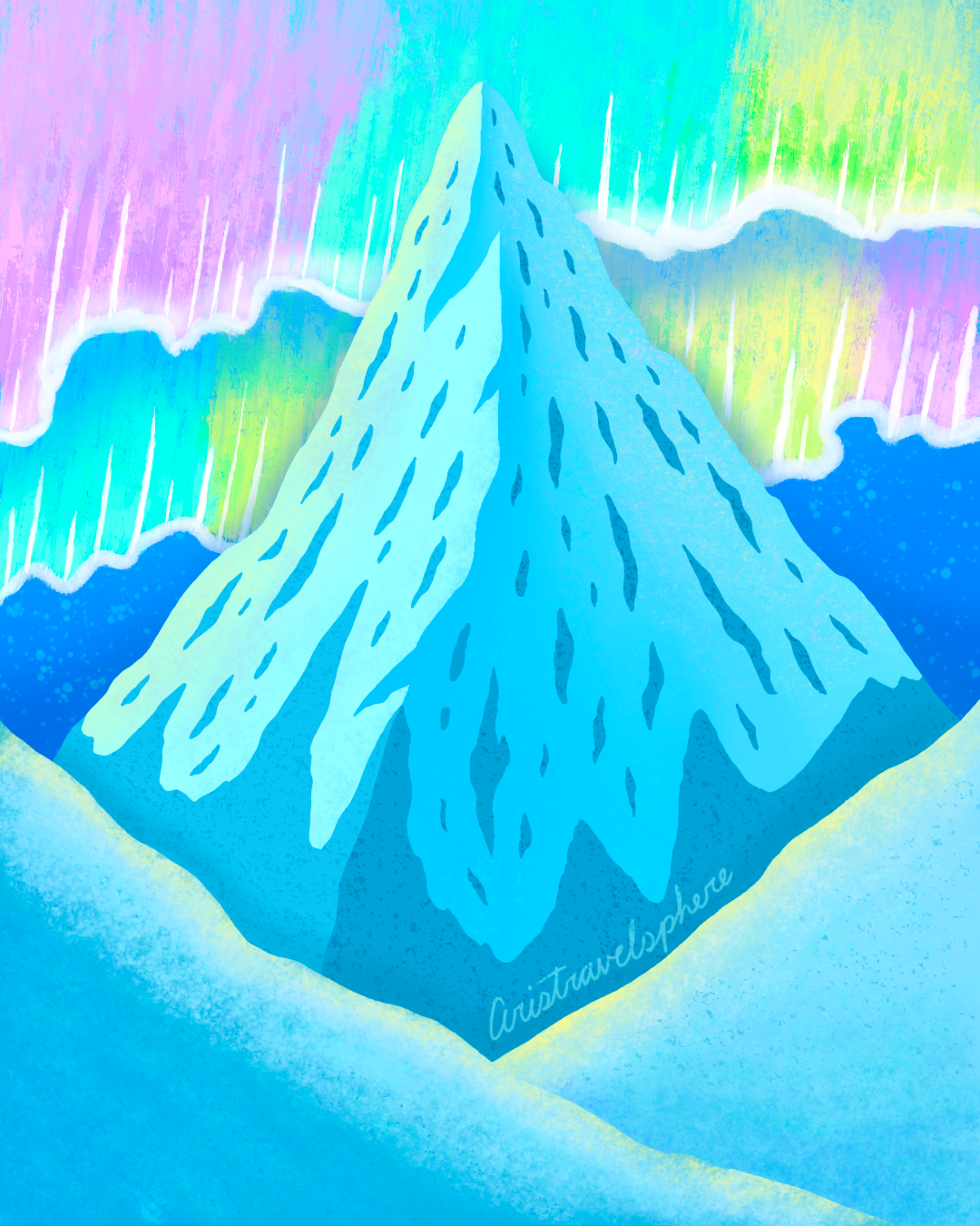 Inktober Day 19 Arctic ✨ arctic aurora borealis breathtaking colorful hand drawn illustration inktober k2 landscape mountain moutain everest process video procreate procreateart scenic scenic landscape snow timelapse video winter