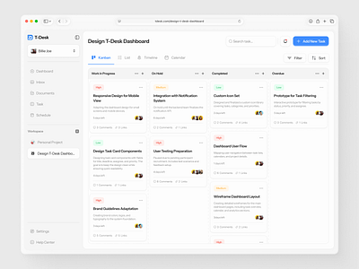 T-Desk - Workspace Task Page board clean completed dashboard design figma grid kanban on hold overdue productivity project management saas saas ui task management timeline to do list ui work in progress worklist