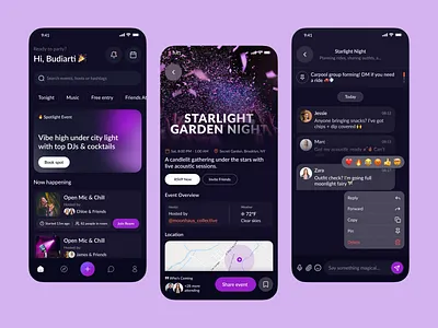 Party & Event Mobile App chat clean community dark discovery event events figma friend location map messaging minimal nightlife party reaction room rsvp social ticket