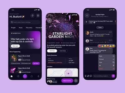 Party & Event Mobile App chat clean community dark discovery event events figma friend location map messaging minimal nightlife party reaction room rsvp social ticket