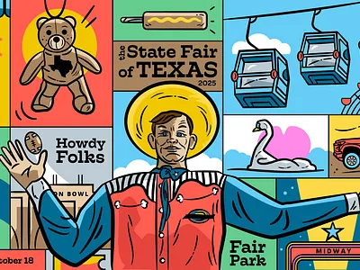 State Fair of Texas Billboard big tex billboard cheeseburger corndog cotton candy cowboy event graphic fall football skyway star state fair swan teddy bear texas truck
