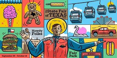 State Fair of Texas Billboard big tex billboard cheeseburger corndog cotton candy cowboy event graphic fall football skyway star state fair swan teddy bear texas truck