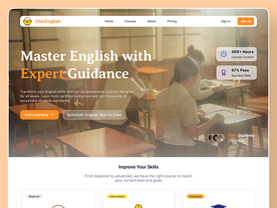 Landing Page ChicEnglish - Master English with Expert Guidance ai course courses duolingo english illustration landing page landingpage mobile ui uiux