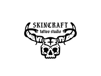 Skincraft tattoo studio brand branding design emblem gothic graphic design horns illustration logo logotype mark mascot minimal rock skin skincraft skull snake studio vector
