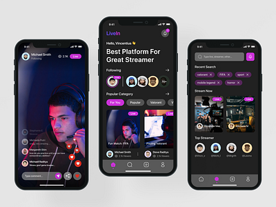 LiveIn (Streaming App) branding card chip comment creator dark dark mode design home live live streaming mobile neon purple search streaming streaming app ui user ux