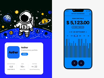 Aether crypto mobile app app application astronaut branding creativity crypto finance fintech illustration trading ui uiux