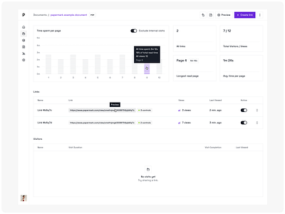 Secure Document Sharing and Tracking b2b desktop app document documents link links minimal product design saas security share document sharing time spent visitors web app