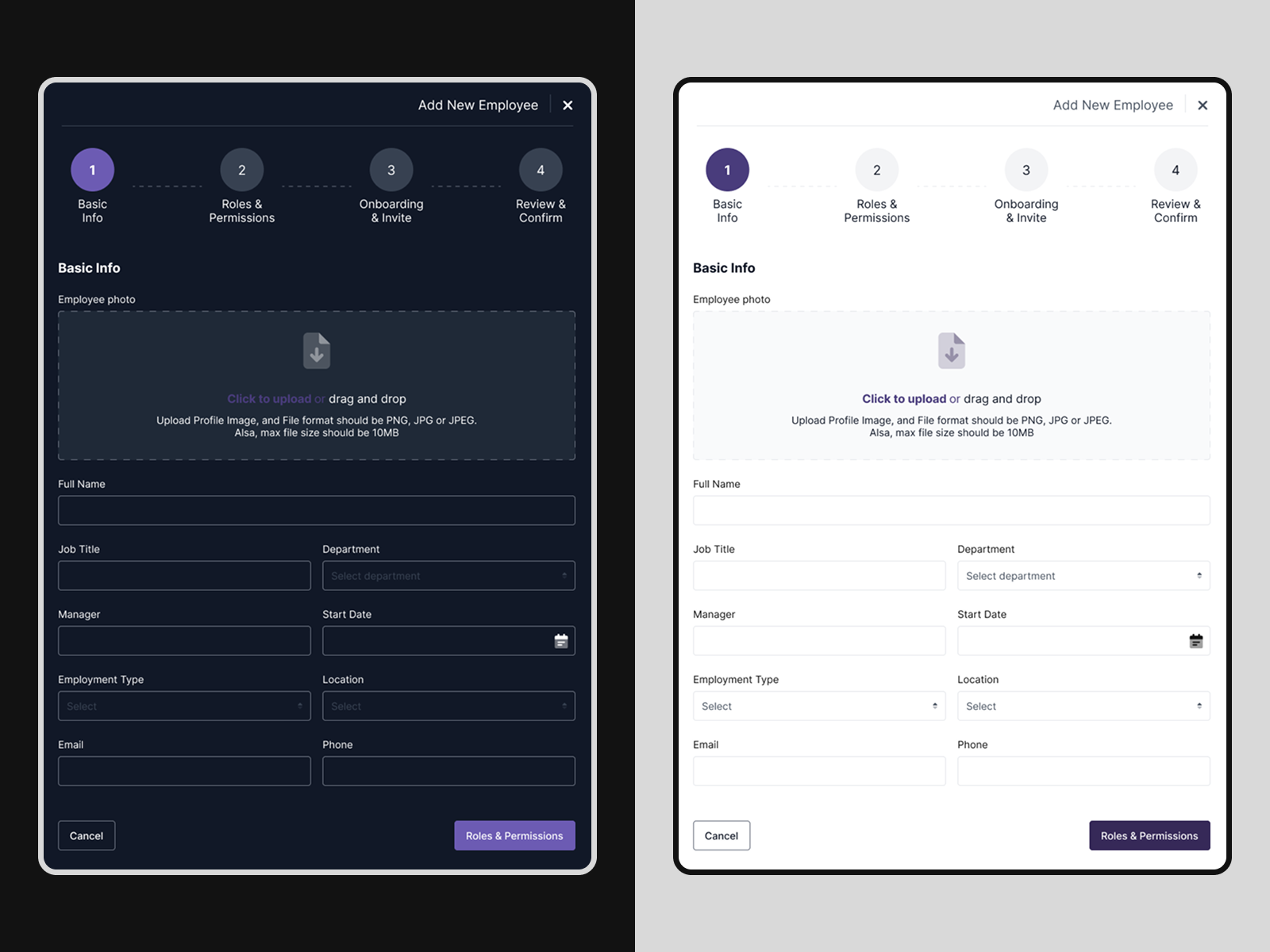 Add New Employee (Modern HR Dashboard) b2b dark mode dashboard employee detail employee list employee management employee onboarding hr portal hr software light mode multi step form onboarding flow product design roles permissions saas table design ui design user flow ux design web app