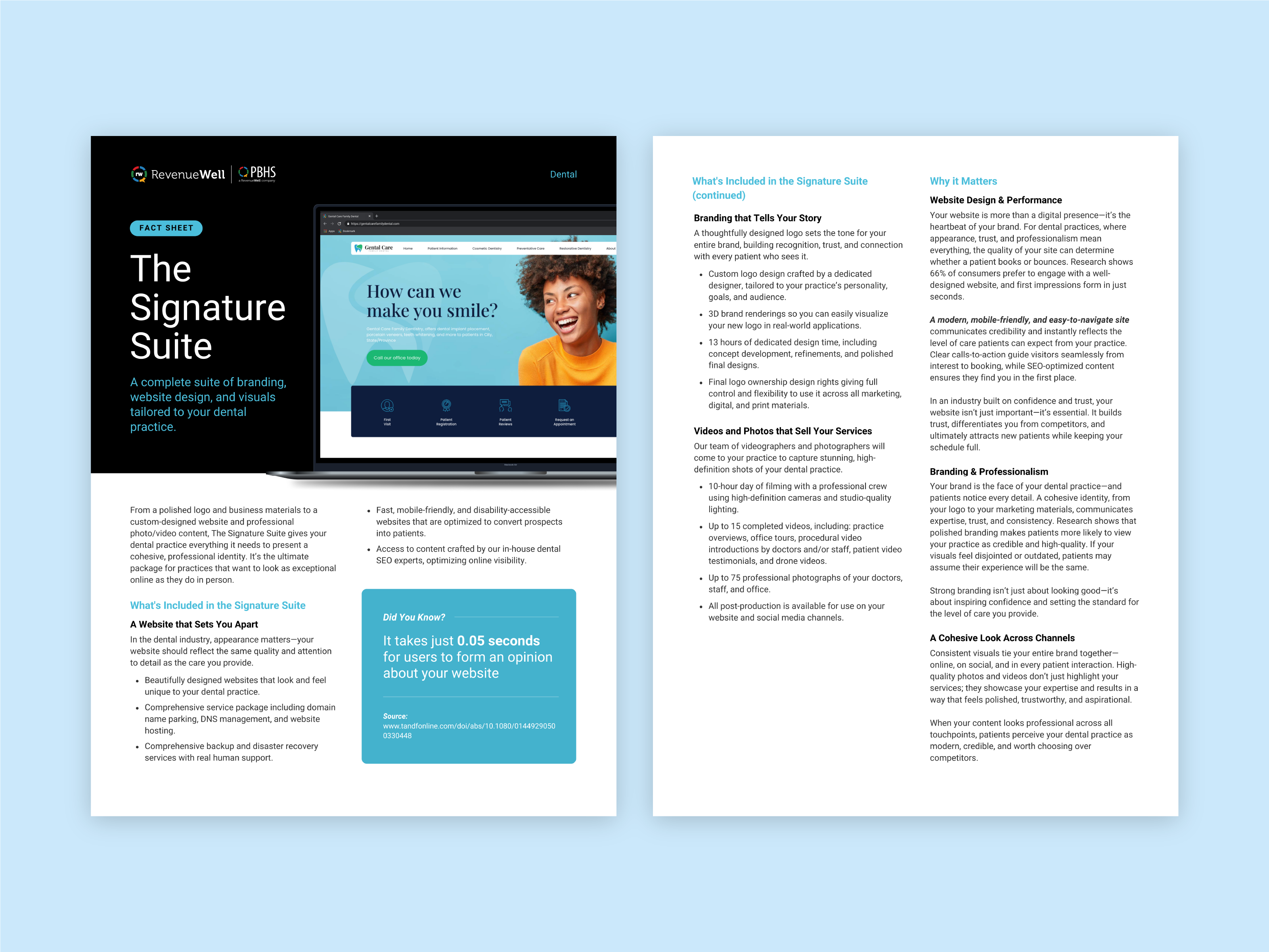 The Signature Suite One Pager brand brand design branding dental dental software marketing dentist design graphic design layout design logo one pager software software marketing typography video web website