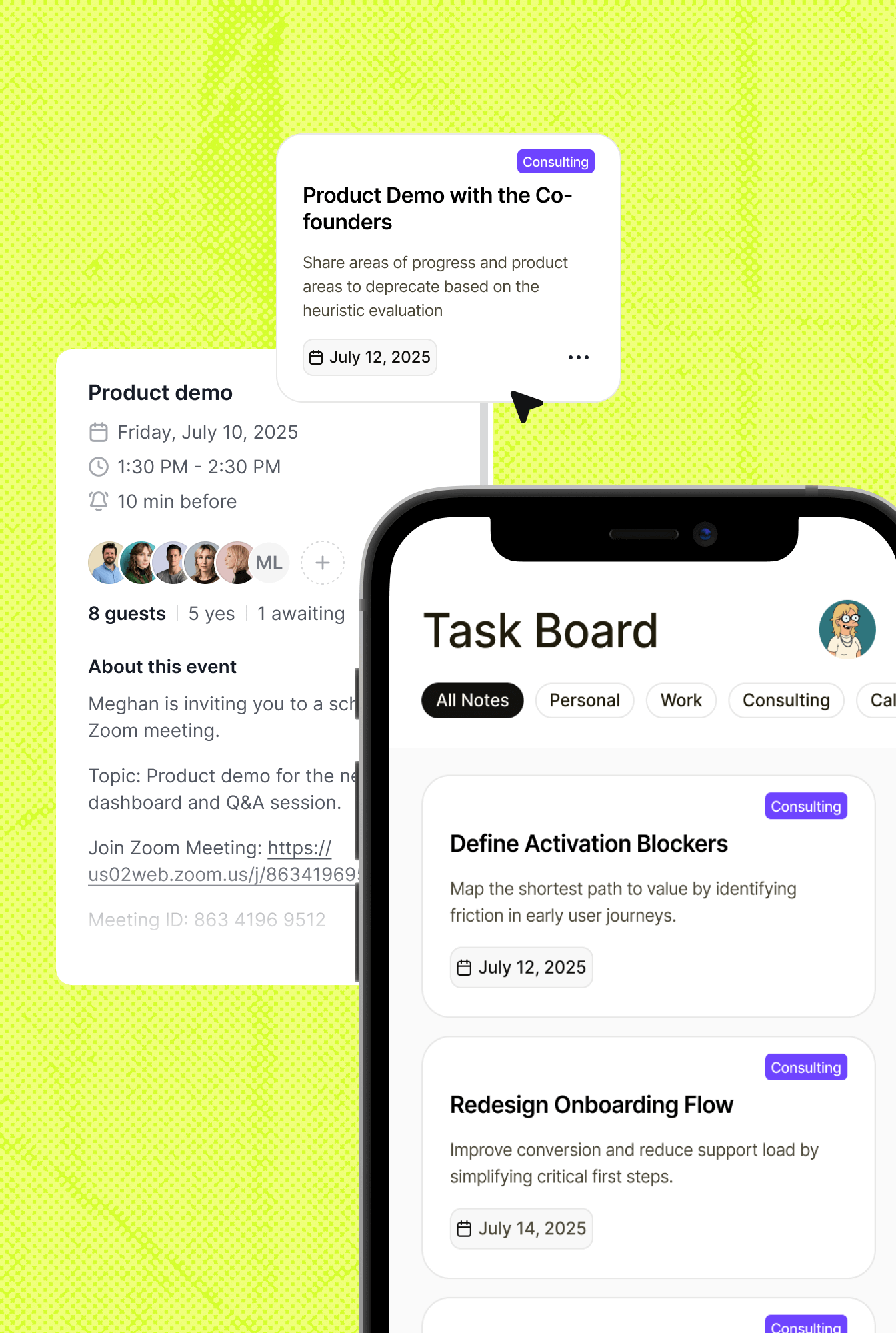 Task-based Notes App calendar invite for fun mobile app notes saas ui visual design