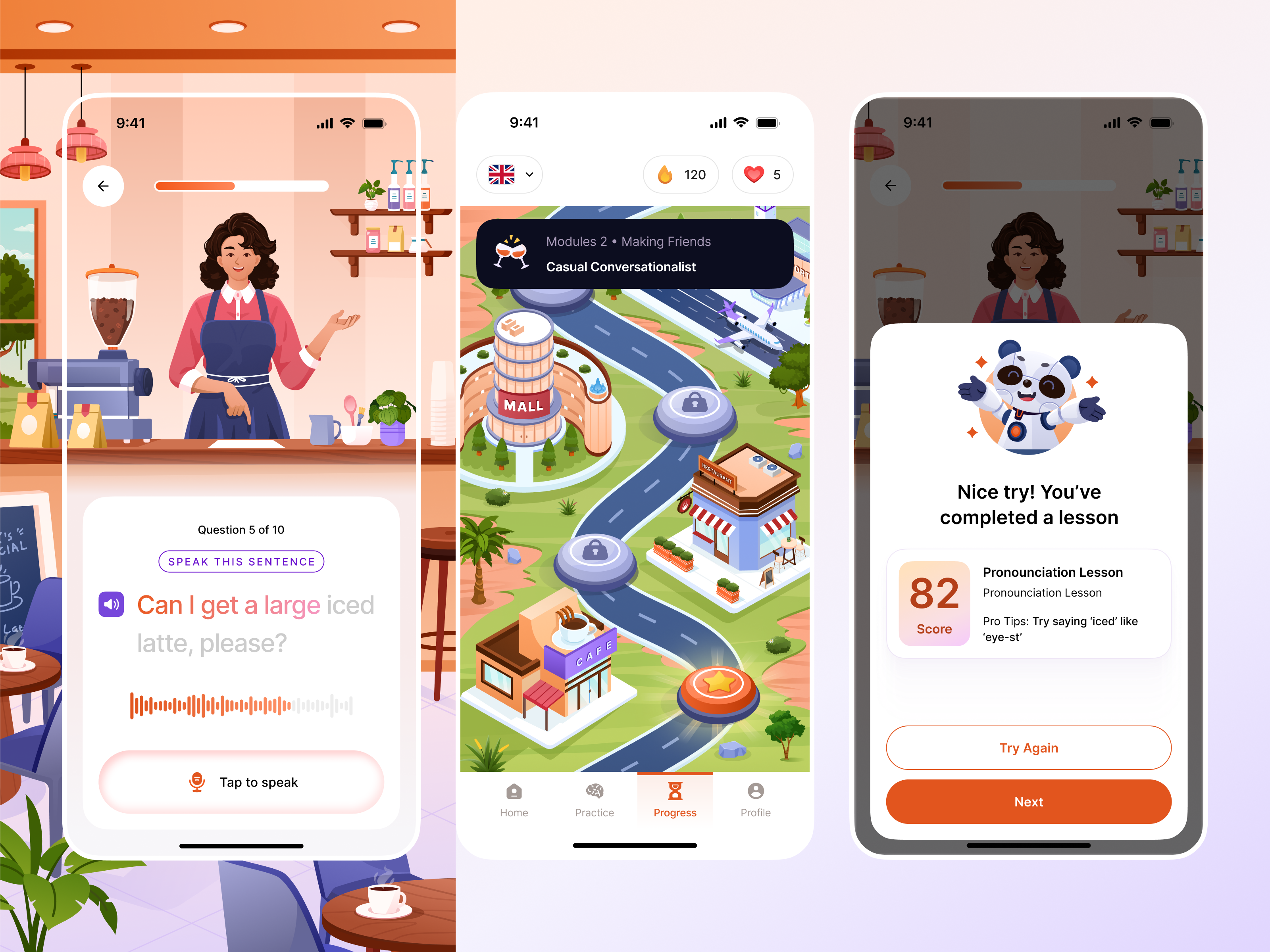 AI English Tutor - English Speech Practice App 🔊 ai app conversation design education english gamification illustration learning path mobile orely practice pronunciation speech tutor ui