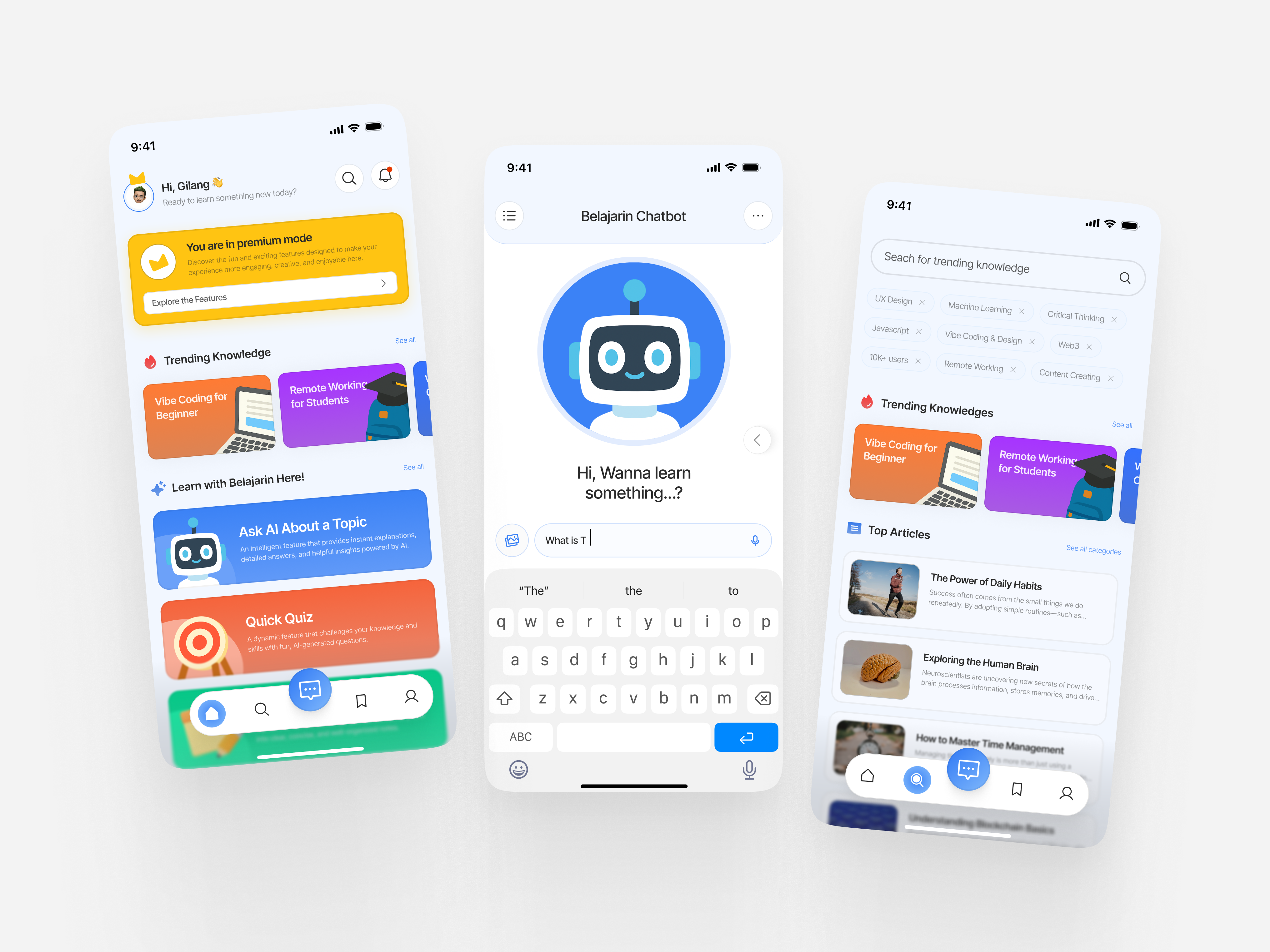 Belajarin - Personal Study Buddy App ai app artificial intelligence chatbot chatbot ai design figma graphic design illustration learning mobile app orenji orenji studio study ui uidesign uiux ux uxdesign website
