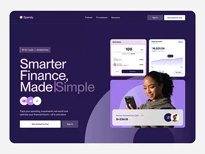 Spendy - Financial Tracker Landing Page design designinspiration fintechdesign landing landing page landingpagedesign motion graphics page ui uidesign ux webdesign website