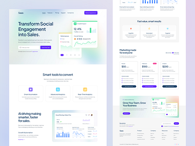 AI SaaS Social Media Management Landing Page ai social assistant analyticesdashboard analytics automation design figma designer landing page marketingtech pricing card saas saas dashboard social media socialmediagroth socialmediatools ui design uiux web webappdesign website website design