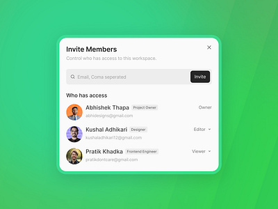 Invite & Manage Team Members – Clean Collaboration UI collaboration workspace designsystem dribbleinspiration productdesign teammanagement ui workspace