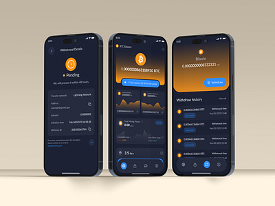 Crypto Bitcoin Mining Mobile App app design bitcoinmining blockchaindesign cryptoapp cryptowallet fintechdesign mobile app uiux