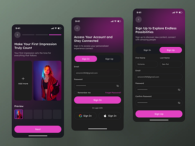 Video Chat App – Log in & Sign Up Page UI Design android app design chat ui confirm password create an account input field ios login mobile mobile app onboarding product design sign up signup social networking trending video ui ux video call
