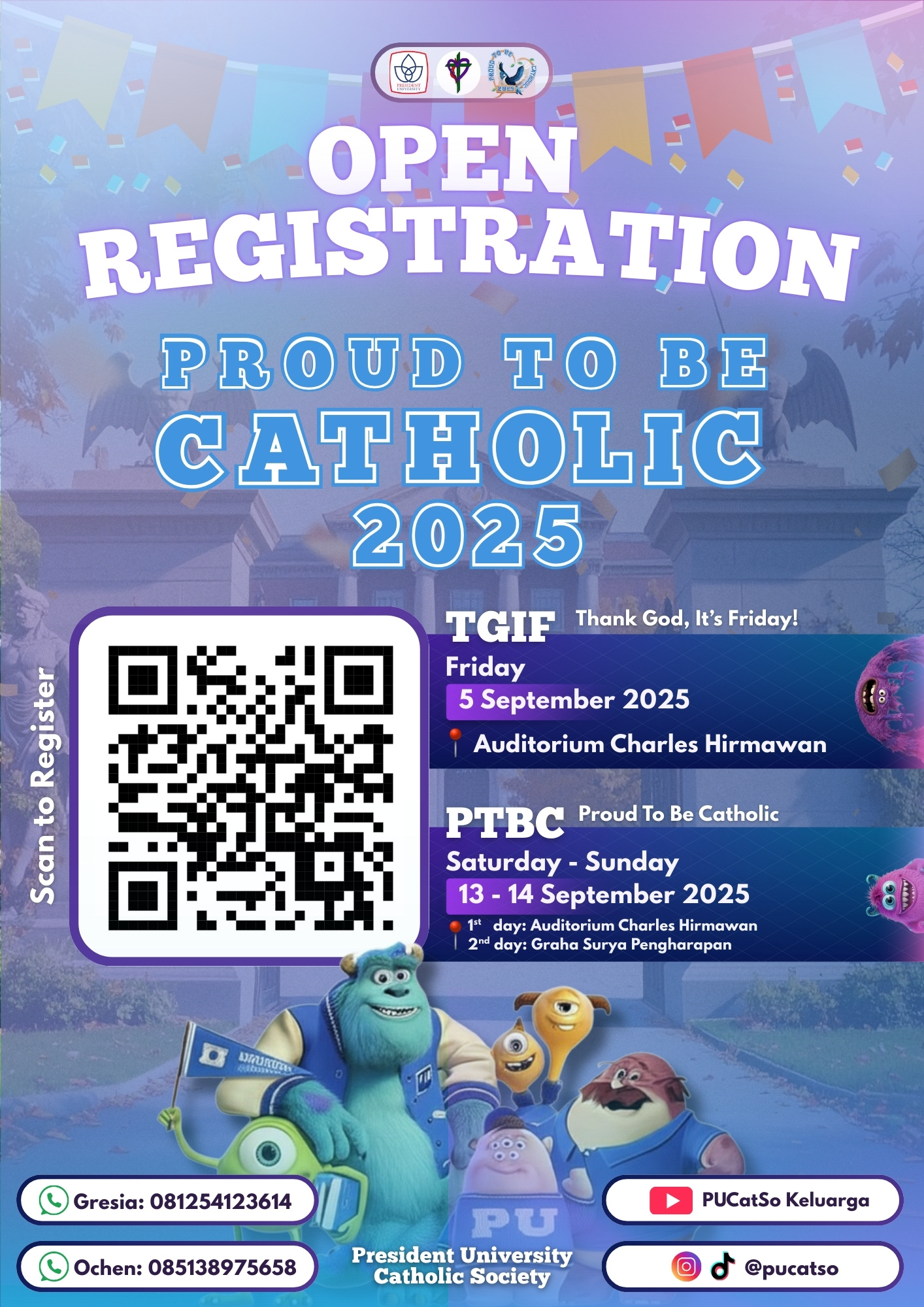 University Event Poster Design | Monster University Style adobe photoshop blue branding canva catholic children colorful event fun gradient graphic design infographic monster university style open registration pink pixar style poster promotion purple university