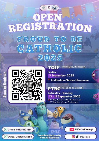 University Event Poster Design | Monster University Style adobe photoshop blue branding canva catholic children colorful event fun gradient graphic design infographic monster university style open registration pink pixar style poster promotion purple university