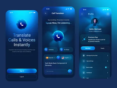 AI Chatbot & Translate Mobile App ai app design call voice ui chat app mobile mobile app premium plan profile setting translate app ui ux design user interface