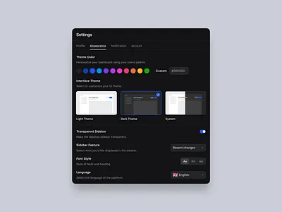 Settings Modal - Appearance Settings Page UI a app ui appearance clean dark mode dashboard interface light mode minimal modal pop up preferences product design settings settings page tabs theme switcher ui ux web app