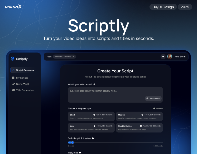 AI Script & Title Generator – Scriptly branding design dreamx ui ui design ux ux design