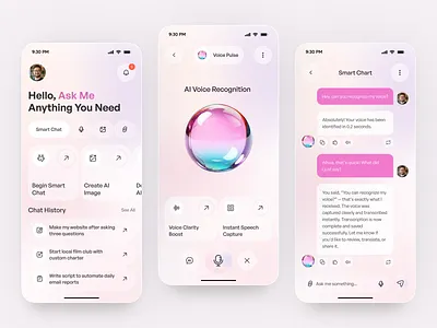 AI Assistant App UI – Smart Voice & Chat Experience ai ai app ai assistant app ai chat ai chatbot ui ai mobile app ai tools app app design conversational ui futuristic app mobile mobile app smart chat app voice recognition ui voice to text app