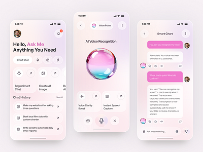 AI Assistant App UI – Smart Voice & Chat Experience ai ai app ai assistant app ai chat ai chatbot ui ai mobile app ai tools app app design conversational ui futuristic app mobile mobile app smart chat app voice recognition ui voice to text app