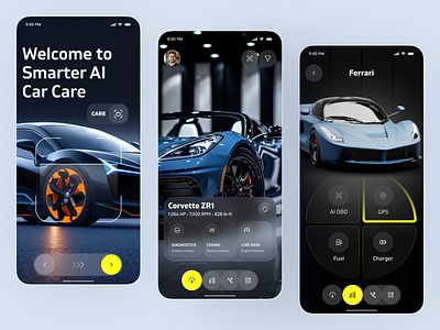 AI Car Care App UI – Smart Diagnostics & Control ai app ai car care app ai dashboard app design automotive ui car control ui car diagnostics app futuristic gps tracking app luxury car app design mobile mobile app obd diagnostics ui smart automotive design smart car app vehicle management app
