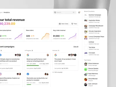 Clean Dashboard UI analytics campaigns dashboard documents growth marketing product design revenue saas seo social media team interface ui user interface