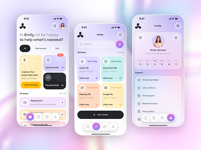 Smart Noter – Modern Note Taking App app concept clean ui creative app daily planner gradient ui minimal design mobile app mobile ui modern app note taking app productivity smart notes task management ui design ux design