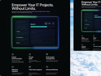 Landing Page – Features Highlight Section IT Project Management dark mode feature features features section illustration it company landing page minimal minimalist saas saas design simple ui design ux design web design