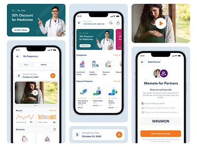 Momota — Pregnancy & Early Parenting Support App branding doctor appointment healthtech mobile app mother care pregnancy app shopping ui uxui design
