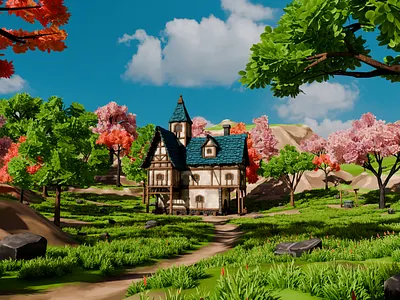 Medieval House 11 With Environment 3D model 3d 3dmodel art blender3d conceptart crate environment exterior fantasy forest game grass house landscape medieval nature render3d rocks tree well
