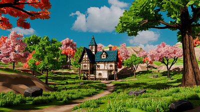 Medieval House 11 With Environment 3D model 3d 3dmodel art blender3d conceptart crate environment exterior fantasy forest game grass house landscape medieval nature render3d rocks tree well