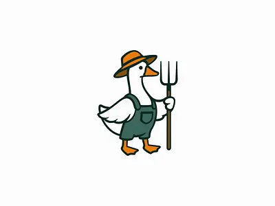 Farmer Goose With Pitchfork Logo animal bird branding cartoon design farm farmer goose hat identity illustration logo mark mascot pitchfork playful restaurant rustic symbol vector