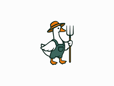 Farmer Goose With Pitchfork Logo animal bird branding cartoon design farm farmer goose hat identity illustration logo mark mascot pitchfork playful restaurant rustic symbol vector