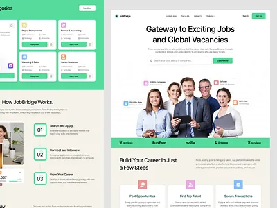 JobBridge - Job board landing page career career page classic web page clean finder futuristic ui hiring job job finder job portal landing page product design saas ui uiux vacancy web design website website design