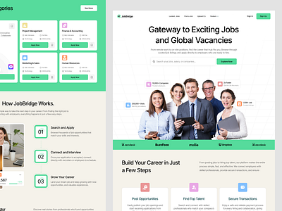 JobBridge - Job board landing page career career page classic web page clean finder futuristic ui hiring job job finder job portal landing page product design saas ui uiux vacancy web design website website design