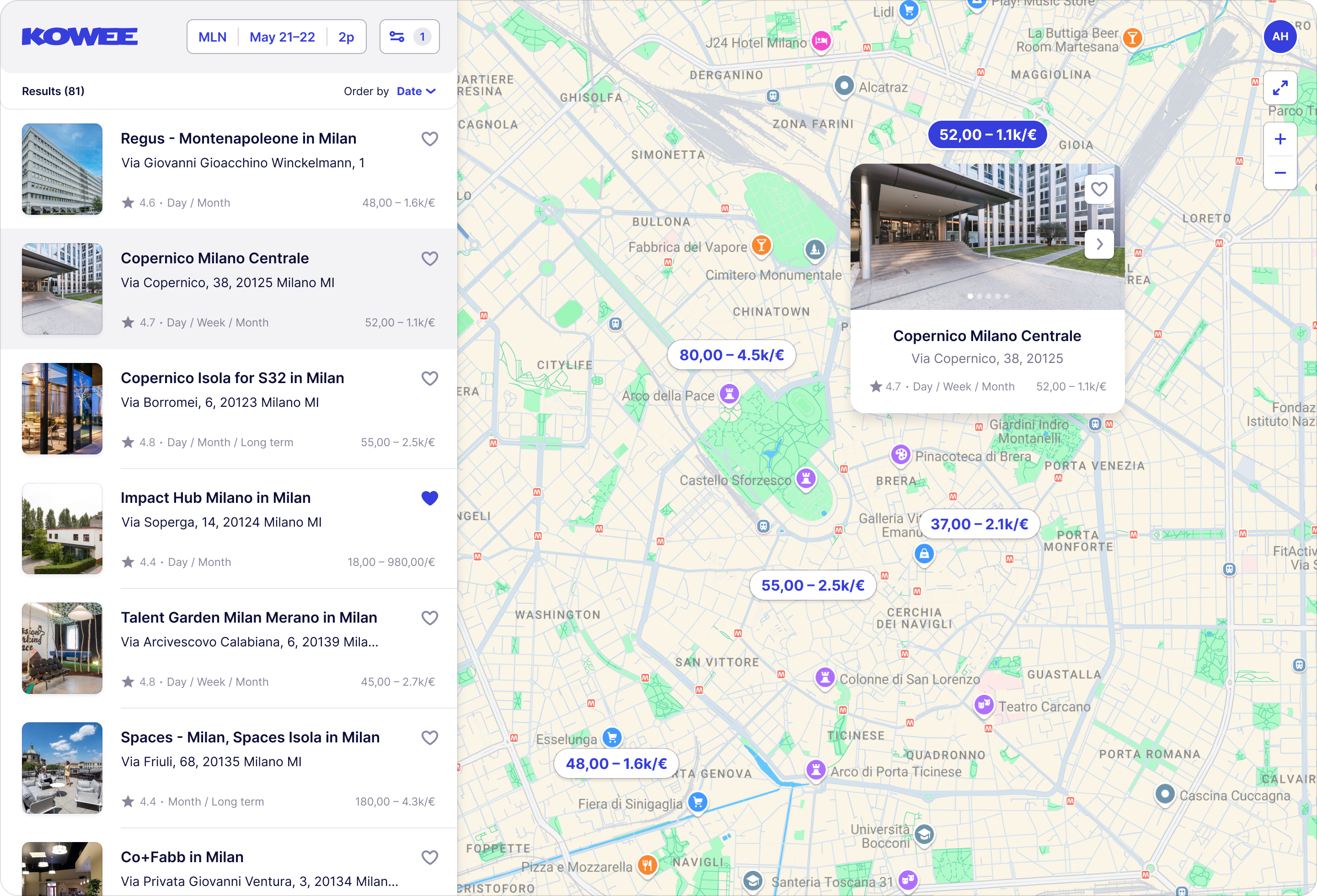 Kowee · Demo project card coworking demo filter interface kowee list map modern project ui ux