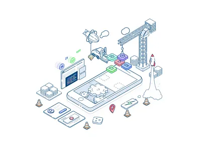 Explainer illustration - Mobile app building process animation dev development illustration isometric mobile motion graphics react