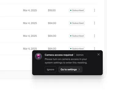 Camera access required — Untitled UI access request alert modal product design toast ui design user interface