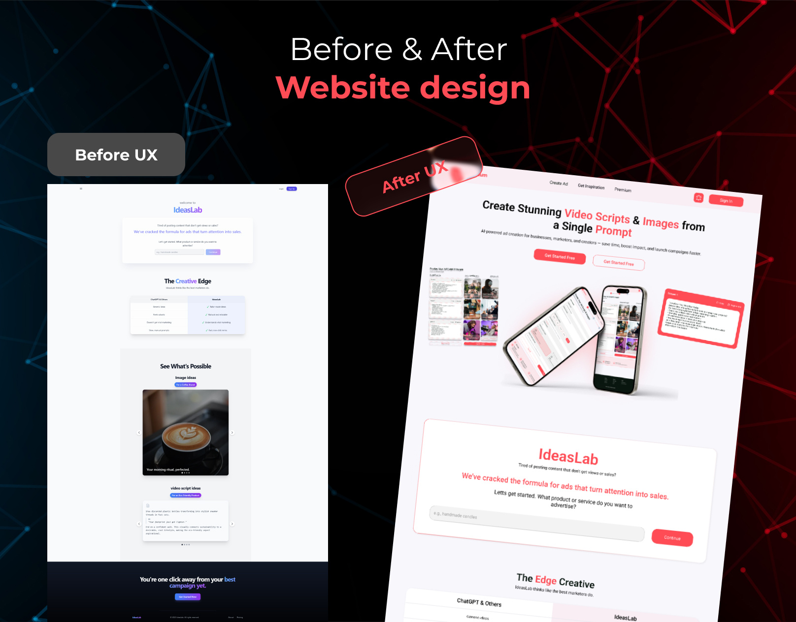 Before & After Website Redesign — IdeasLab ai app app design app redesign branding business growth design illustration landing page redesign website typography ui ui ux uiux user experience user interface ux webdesign website design wed design