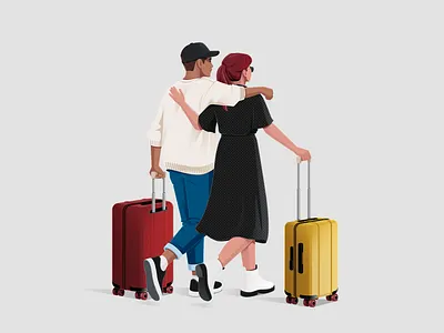 Travellers character couple fashion hug illustration man suitcase travel vacation vector walk woman