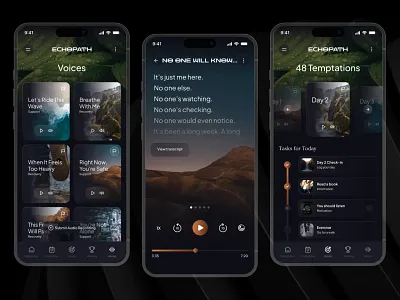 Echopath | Mobile App Design🎧 app branding dark design goals health ios mental mindful mobile mode modern motivation service suarasa tracker treatment ui wellness