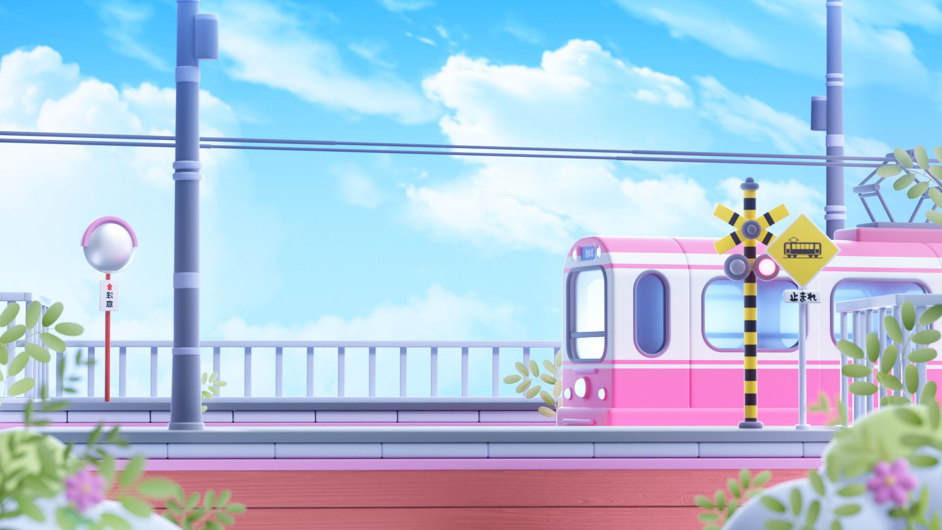 Tram stop in Japan 3d 3d illustration color colorful cute design graphic design illustration landing wallpapers
