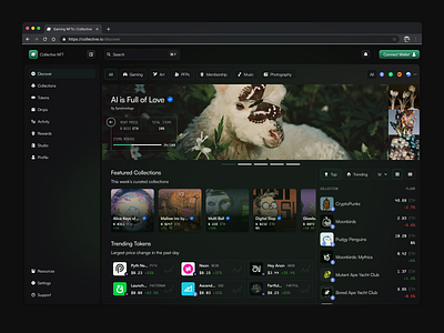NFT Discover Dashboard blockchain crypto crypto art dark mode dashboard discover futuristic minimalist nft nft collection nft dashboard nft marketplace token trading trending uidesign uxdesign wallet web3 website